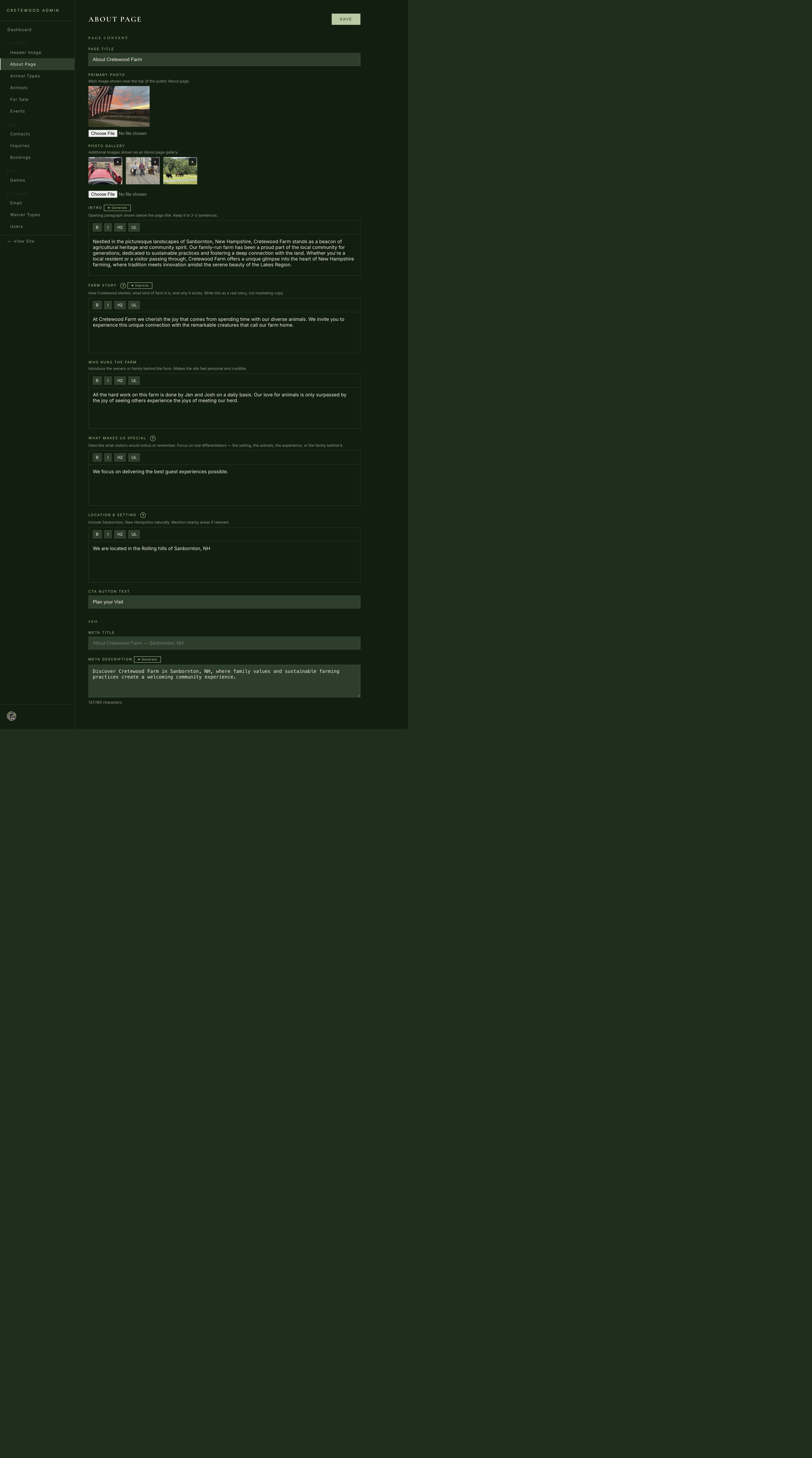 Cretewood about page editor