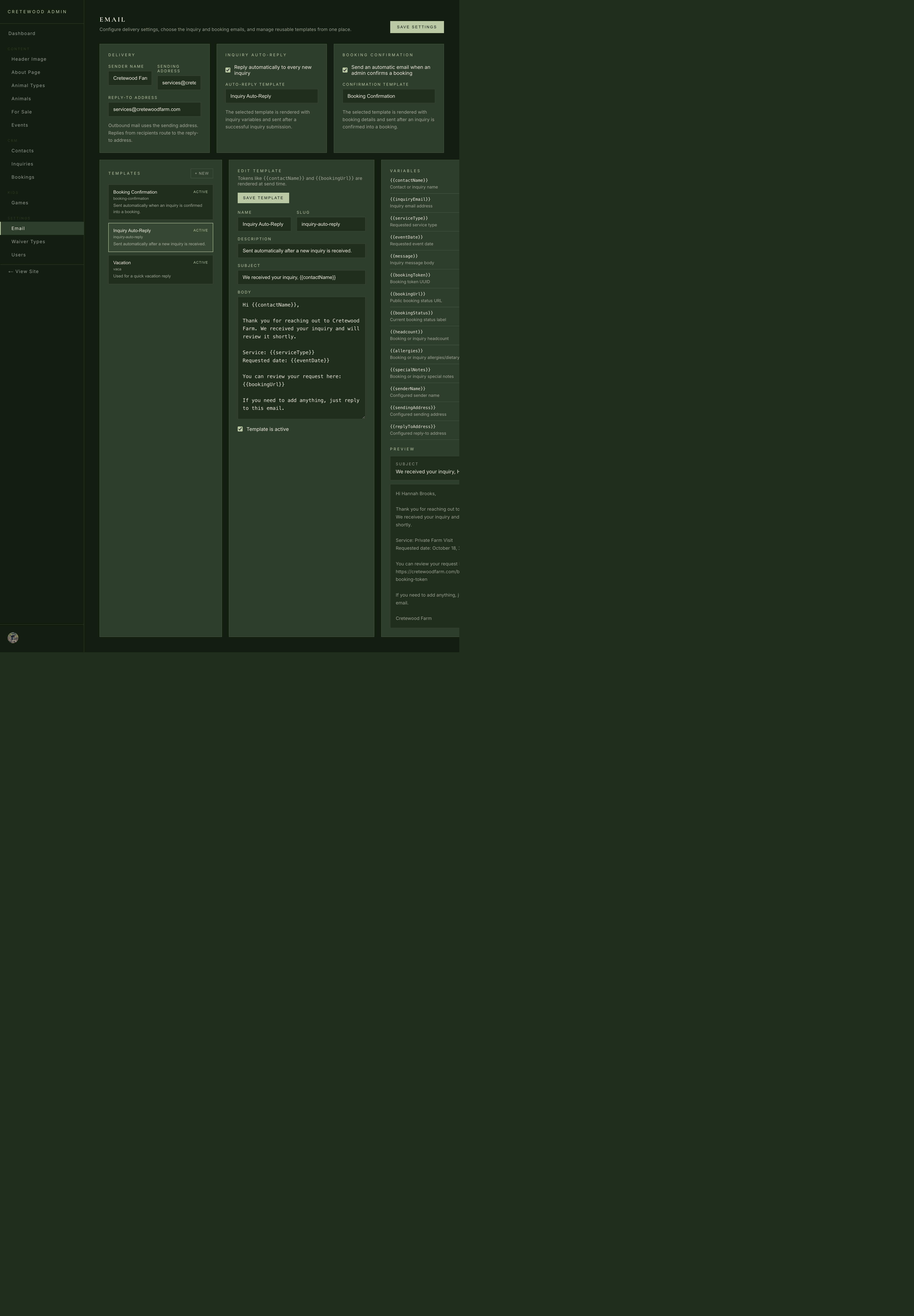 Cretewood email settings and templates